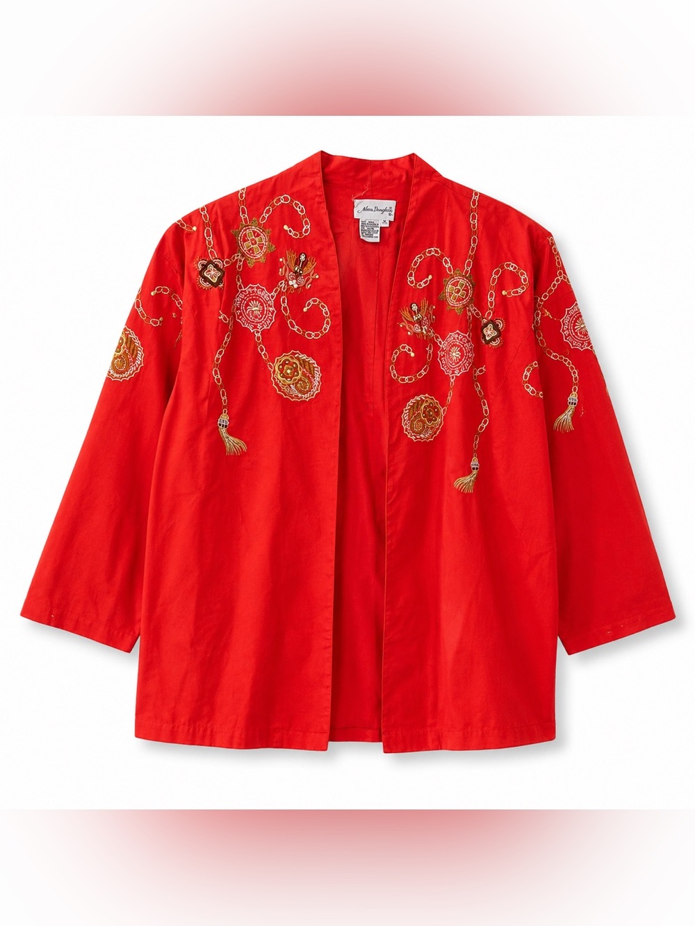 Vintage Adam Douglass Womens M 100% Linen Red Embroidered Jacket Medallion